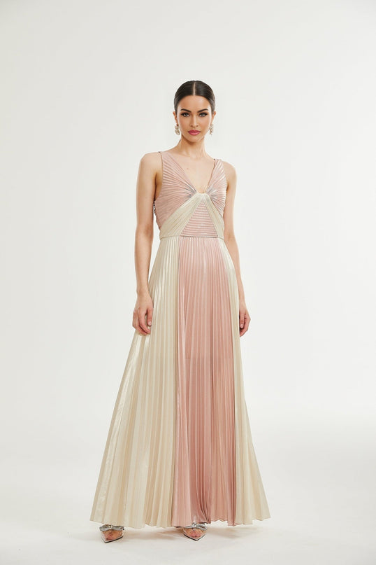 Palma Dress Pleated Maxi Pink Gold Sleeveless V Neck Silk Touch Fabric Rear Zip Fastening Maxi Length Premium Blend Luxury Style