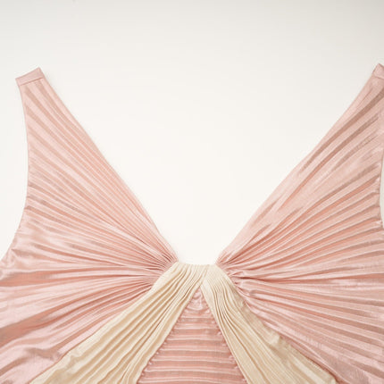 Palma Dress Pleated Maxi Pink Gold Sleeveless V Neck Silk Touch Fabric Rear Zip Fastening Maxi Length Premium Blend Luxury Style