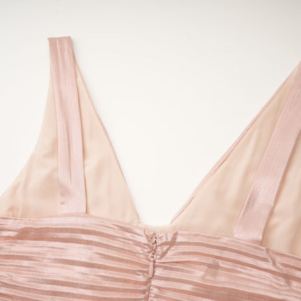 Palma Dress Pleated Maxi Pink Gold Sleeveless V neck Pleated high-shine silk touch fabric Rear zip fastening Maxi length 55% Polyamide 45% Aerylie fiber luxury style