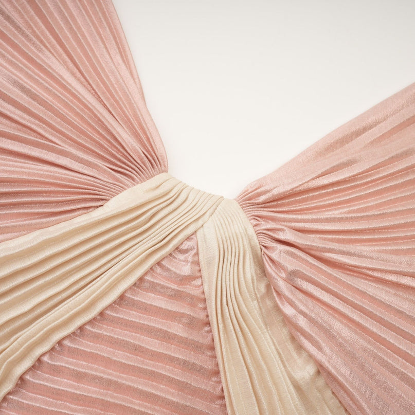 Palma Dress Pleated Maxi Pink Gold Sleeveless V Neck High Shine Silk Touch Fabric Rear Zip Fastening Maxi Length Premium Blend Luxury Style