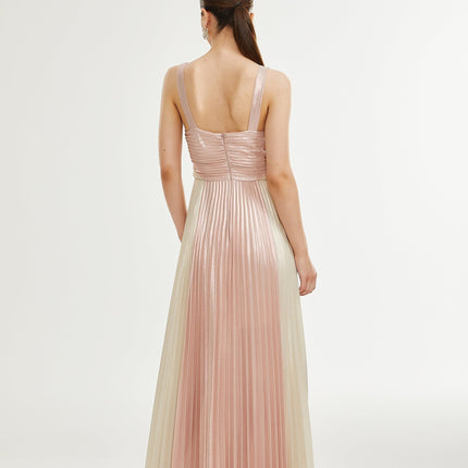 Palma Dress Pleated Maxi in Pink & Gold silk touch fabric V neck design Rear zip fastening Maxi length 55% Polyamide 45% Aerylie fiber luxury style