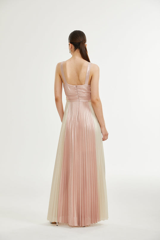 Palma Dress Pleated Maxi in Pink & Gold silk touch fabric V neck design Rear zip fastening Maxi length 55% Polyamide 45% Aerylie fiber luxury style