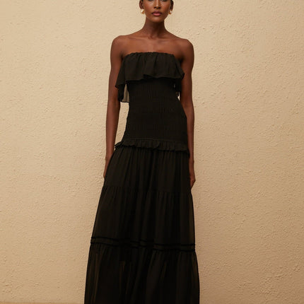 Palma Black Off-Shoulder Maxi Dress with Smocked Panel and Ruffled Trim