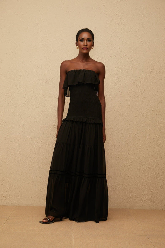 Palma Black Off-Shoulder Maxi Dress with Smocked Panel and Ruffled Trim