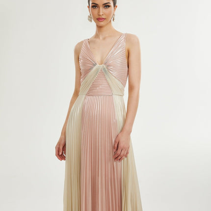 Palma Pink Gold Pleated Maxi Dress in Silk Touch Fabric