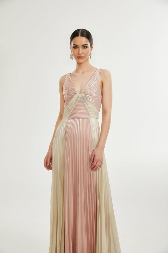 Palma Pink Gold Pleated Maxi Dress in Silk Touch Fabric