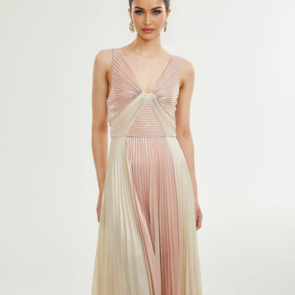Palma Pink Gold Pleated Maxi Dress V Neck Sleeveless Silk Touch Fabric Rear Zip Fastening Maxi Length Luxury Style