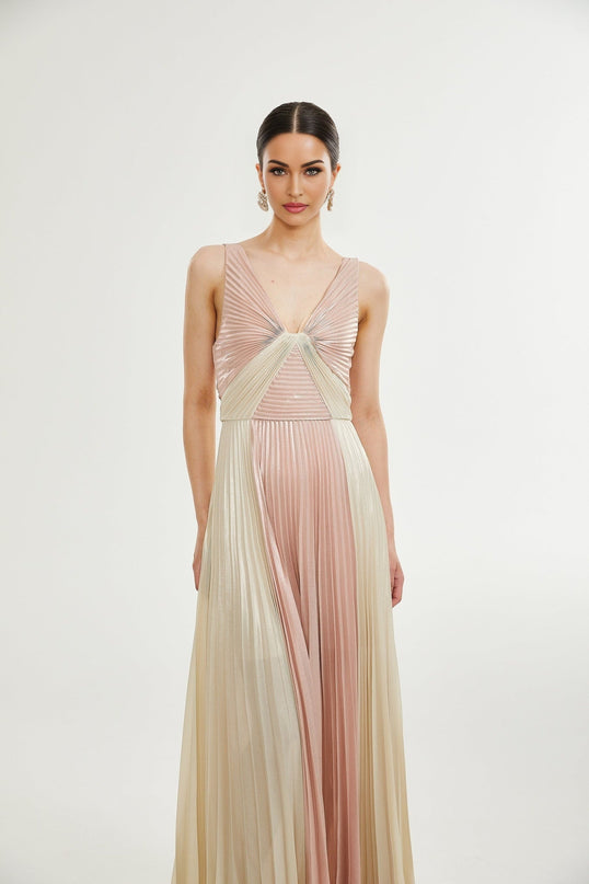 Palma Pink Gold Pleated Maxi Dress V Neck Sleeveless Silk Touch Fabric Rear Zip Fastening Maxi Length Luxury Style