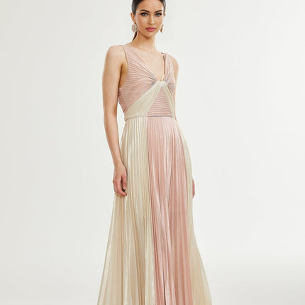 Palma Pink Gold Pleated Maxi Dress in Pink and Gold