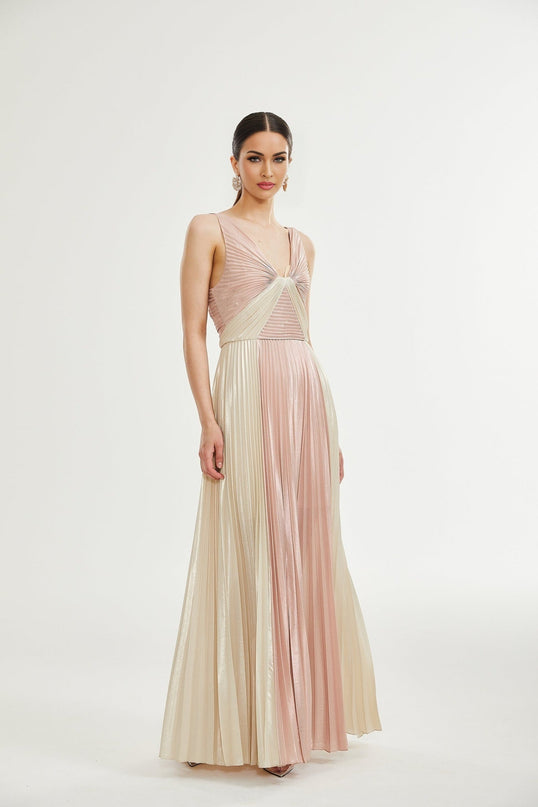 Palma Pink Gold Pleated Maxi Dress in Pink and Gold