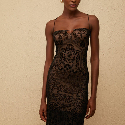Paloma Black Floral Lace Maxi Dress with Spaghetti Straps and Keyhole Neck