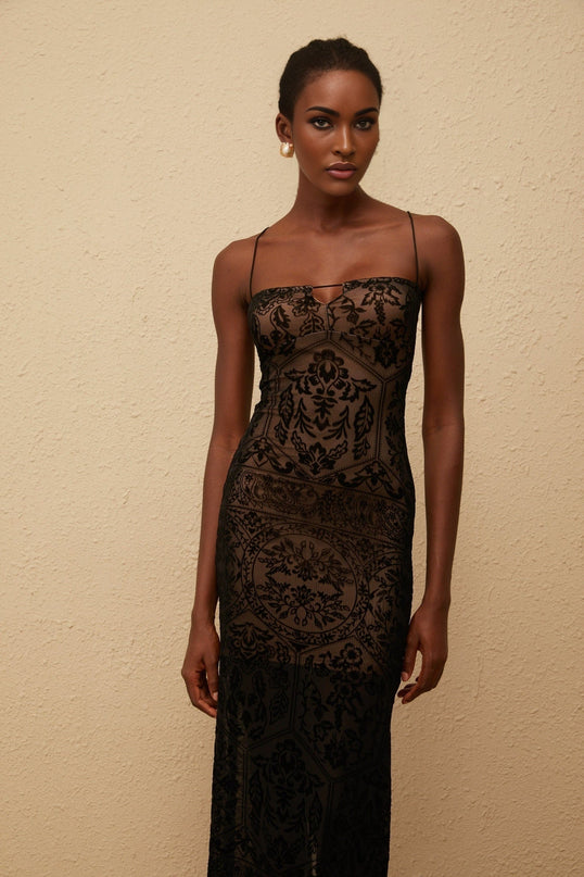 Paloma Black Floral Lace Maxi Dress with Spaghetti Straps and Keyhole Neck