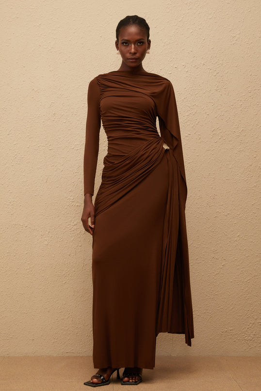Paloma Brown Asymmetrical Ruched Knit Maxi Dress