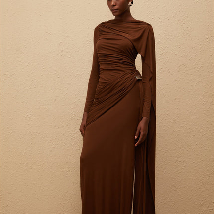 Paloma Brown Asymmetrical Ruched Knit Maxi Dress