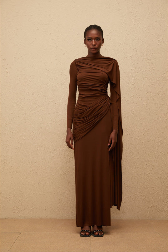 Paloma Brown Asymmetrical Ruched Knit Maxi Dress