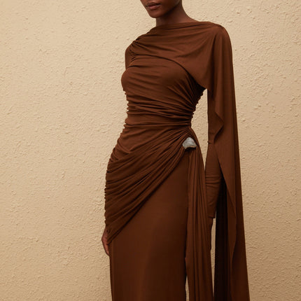 Paloma Brown Asymmetrical Ruched Knit Maxi Dress
