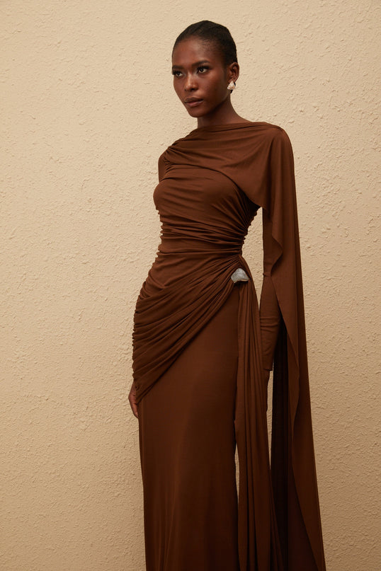 Paloma Brown Asymmetrical Ruched Knit Maxi Dress