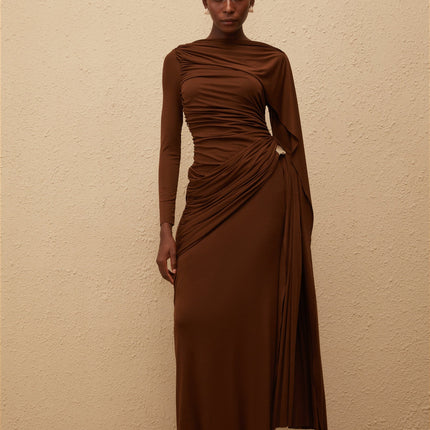 Paloma Brown Asymmetrical Ruched Knit Maxi Dress