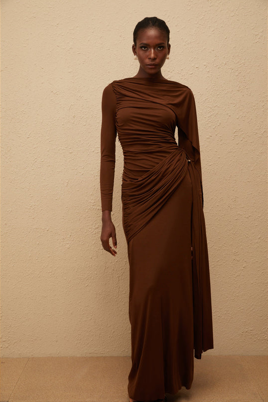 Paloma Brown Asymmetrical Ruched Knit Maxi Dress