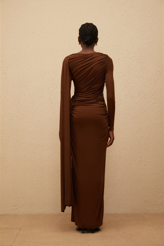 Paloma Brown Asymmetrical Ruched Knit Maxi Dress