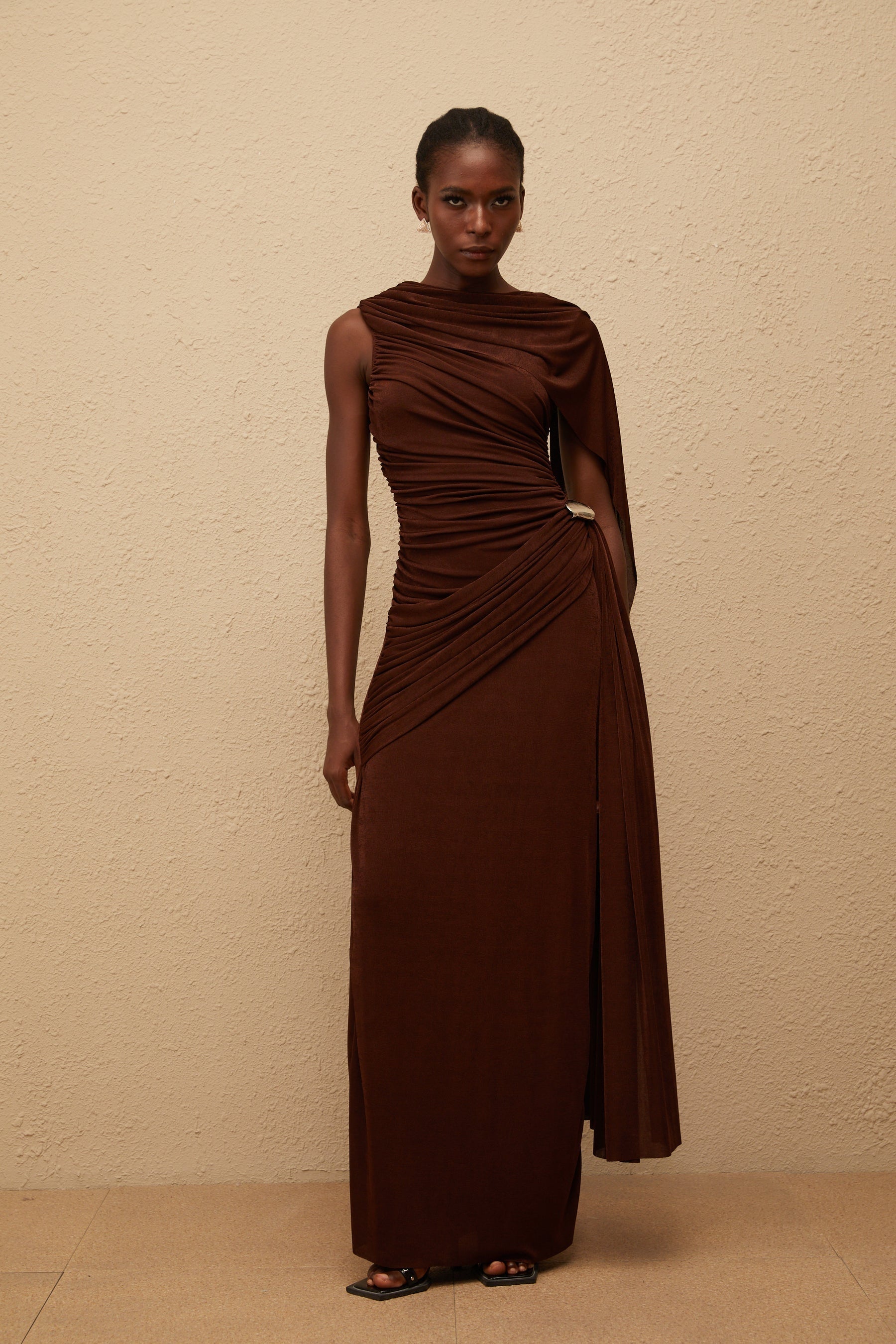 Paloma Brown Sleeveless Asymmetrical Ruched Knit Maxi Dress