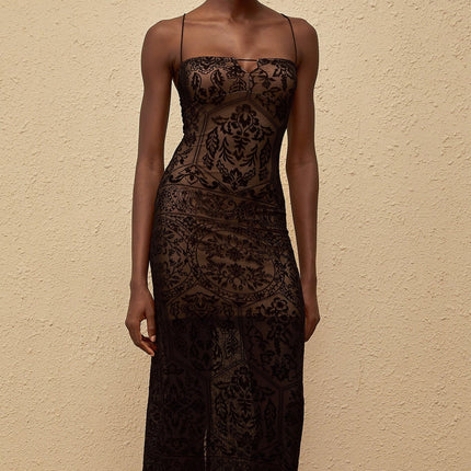 Paloma Maxi Dress in Black Floral Lace - Elegant and sophisticated women's dress with intricate floral lace detailing, spaghetti straps, fitted waistline, keyhole neck, and built-in cups bra for comfort and support