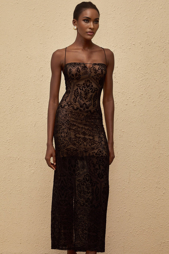 Paloma Maxi Dress in Black Floral Lace - Elegant and sophisticated women's dress with intricate floral lace detailing, spaghetti straps, fitted waistline, keyhole neck, and built-in cups bra for comfort and support