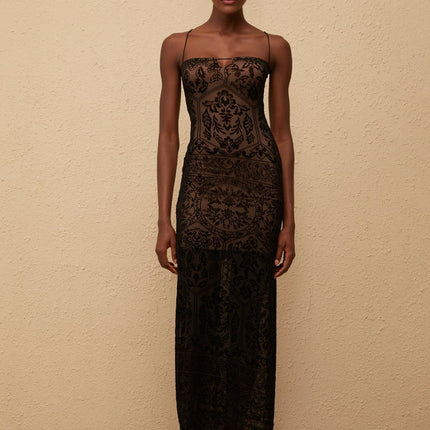 Paloma Maxi Dress in Black Floral Lace, elegant and sophisticated design with intricate detailing and flattering silhouette