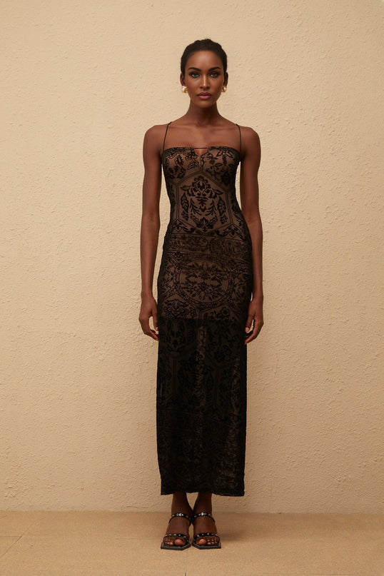 Paloma Maxi Dress in Black Floral Lace, elegant and sophisticated design with intricate detailing and flattering silhouette