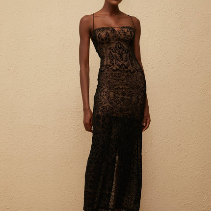 Paloma Maxi Dress in Black Floral Lace - Elegant and sophisticated women's dress with intricate floral lace detailing, spaghetti straps, fitted waistline, keyhole neck, and built-in cups bra, made from 92% Terylene fiber and 8% Spandex for quality and comfort.