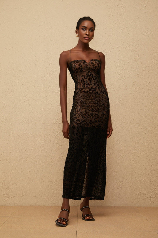 Paloma Maxi Dress in Black Floral Lace - Elegant and sophisticated women's dress with intricate floral lace detailing, spaghetti straps, fitted waistline, keyhole neck, and built-in cups bra, made from 92% Terylene fiber and 8% Spandex for quality and comfort.