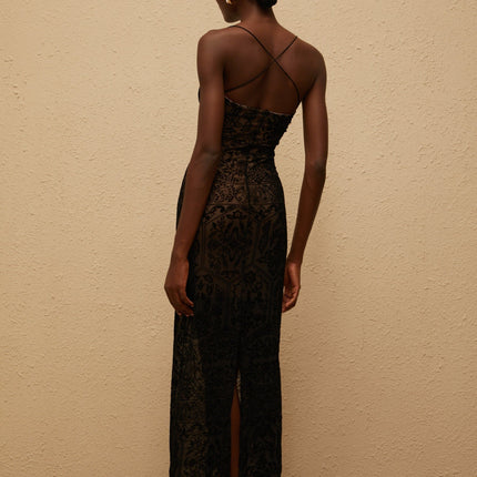 Paloma Maxi Dress in Black Floral Lace with keyhole neck and spaghetti straps, made from 92% Terylene fiber and 8% Spandex