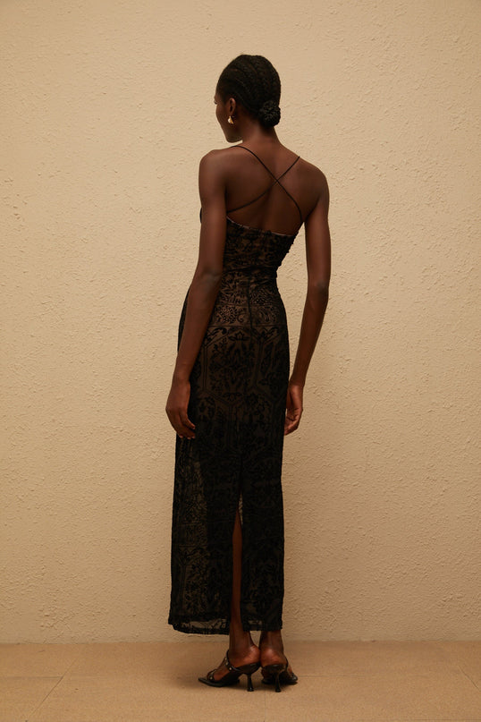 Paloma Maxi Dress in Black Floral Lace with keyhole neck and spaghetti straps, made from 92% Terylene fiber and 8% Spandex