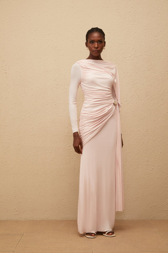 Paloma Pink Asymmetrical Ruched Knit Maxi Dress