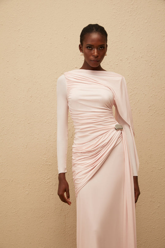 Paloma Pink Asymmetrical Ruched Knit Maxi Dress