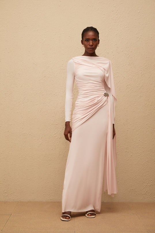 Paloma Pink Asymmetrical Ruched Knit Maxi Dress