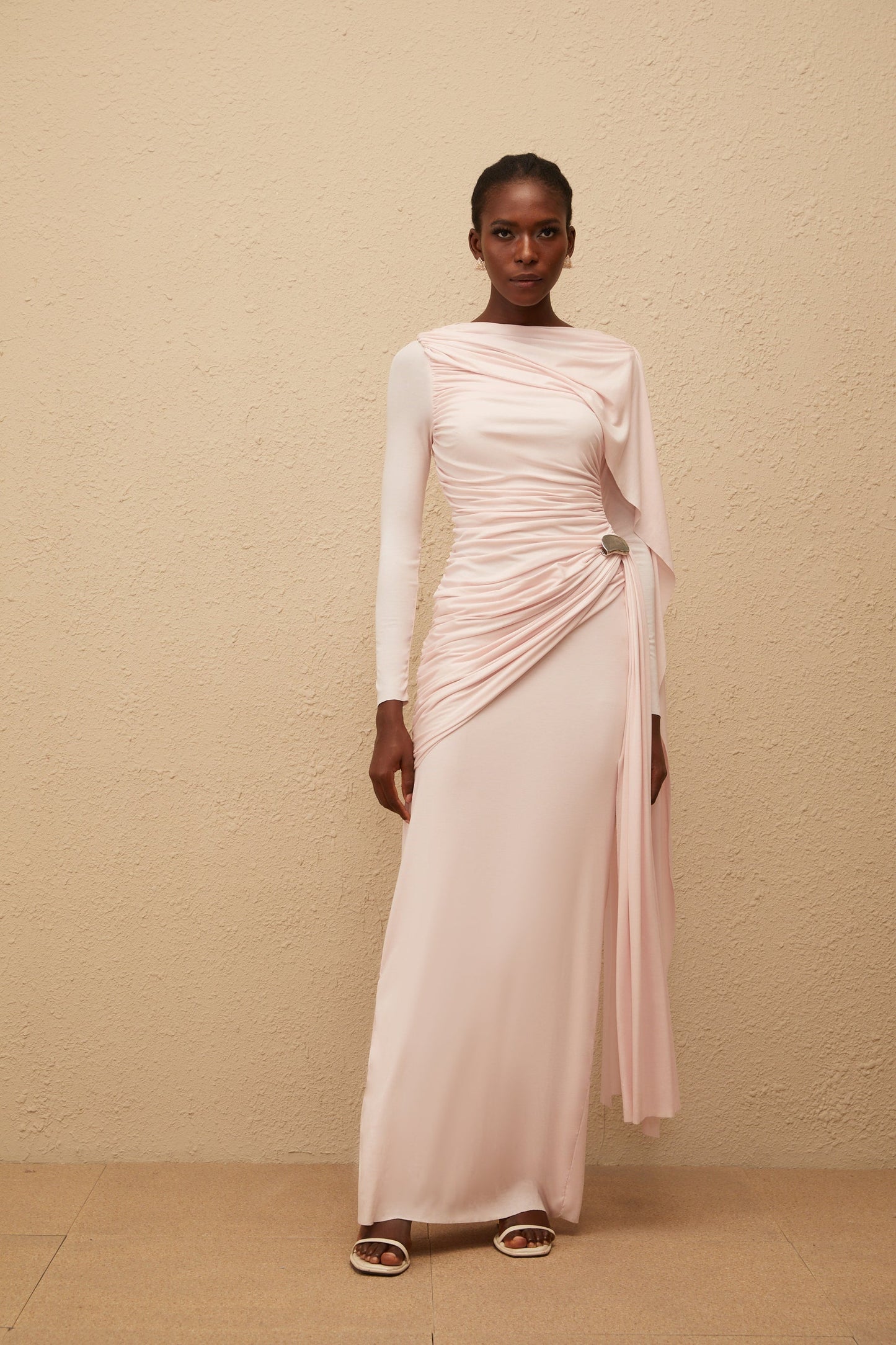 Paloma Pink Asymmetrical Ruched Knit Maxi Dress