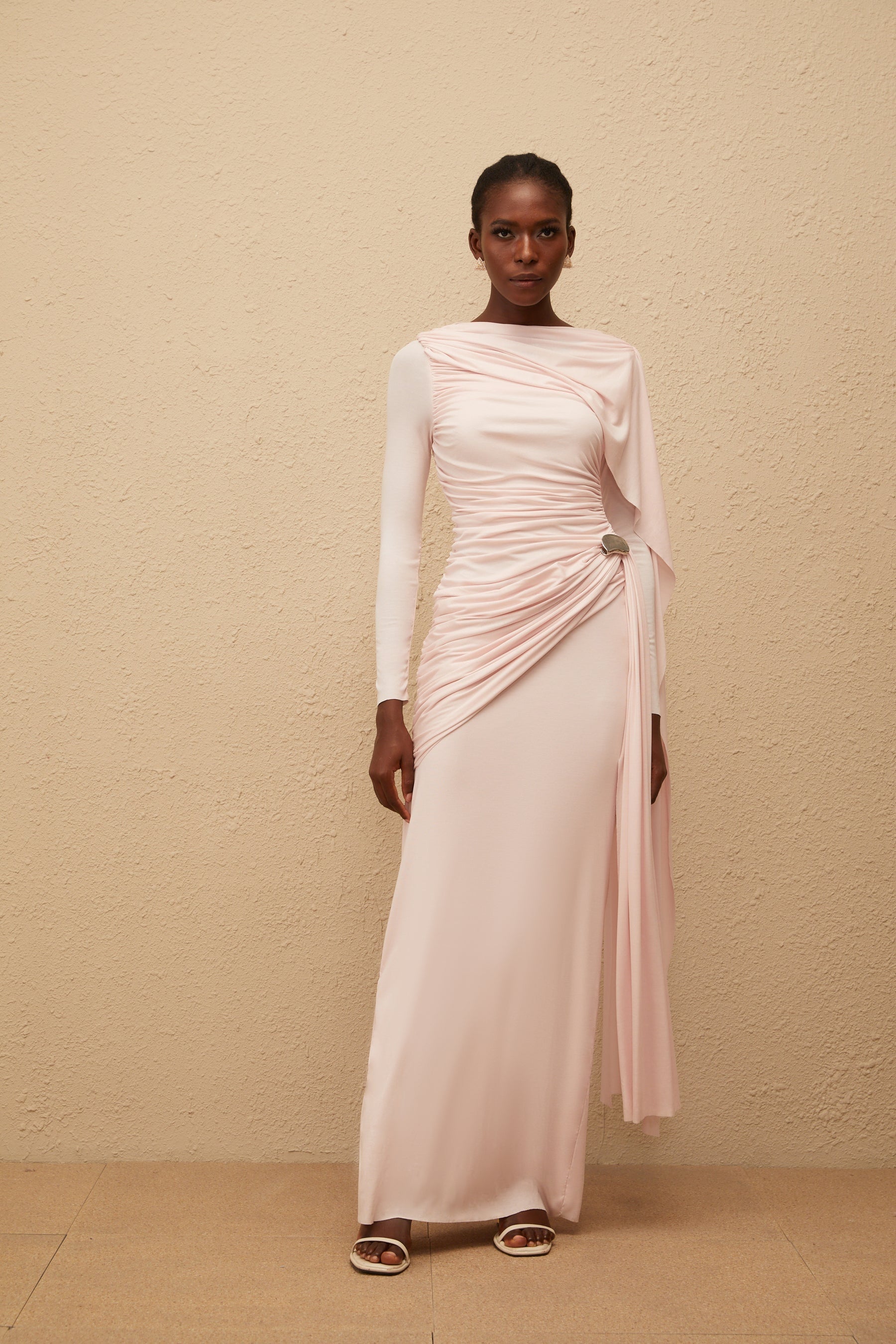 Paloma Pink Asymmetrical Ruched Knit Maxi Dress