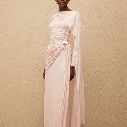 Paloma Pink Asymmetrical Ruched Knit Maxi Dress