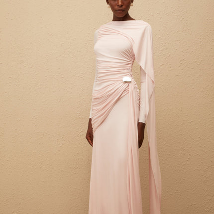 Paloma Pink Asymmetrical Ruched Knit Maxi Dress