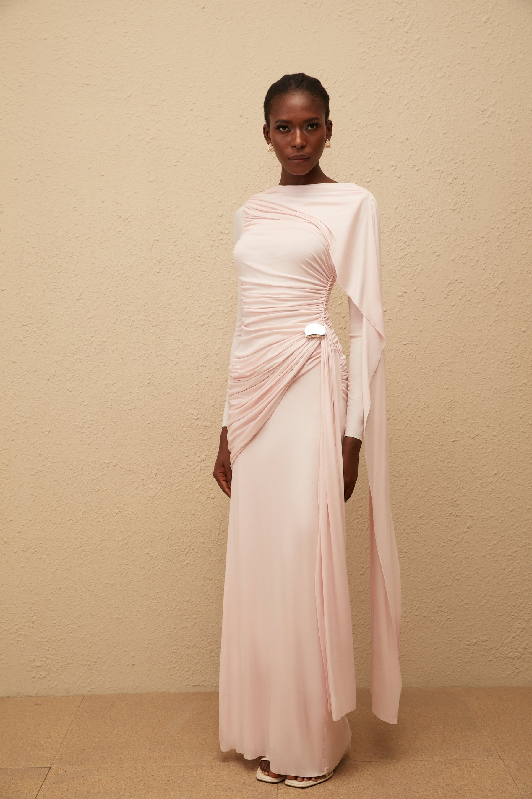 Paloma Pink Asymmetrical Ruched Knit Maxi Dress