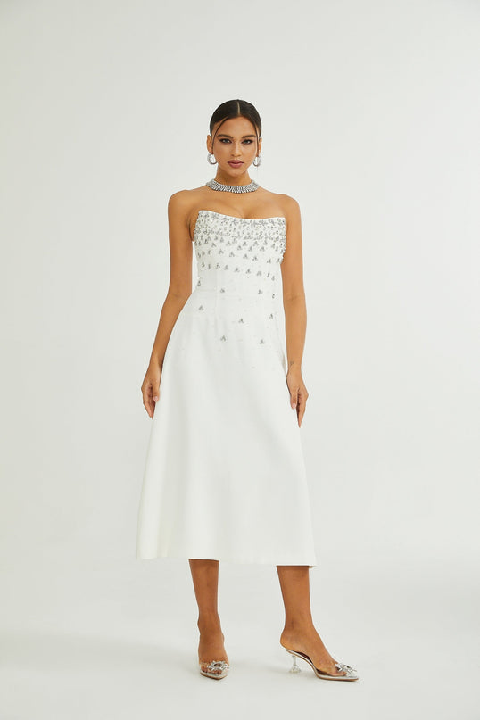 Paloma White Embellished Off-Shoulder Midi Dress