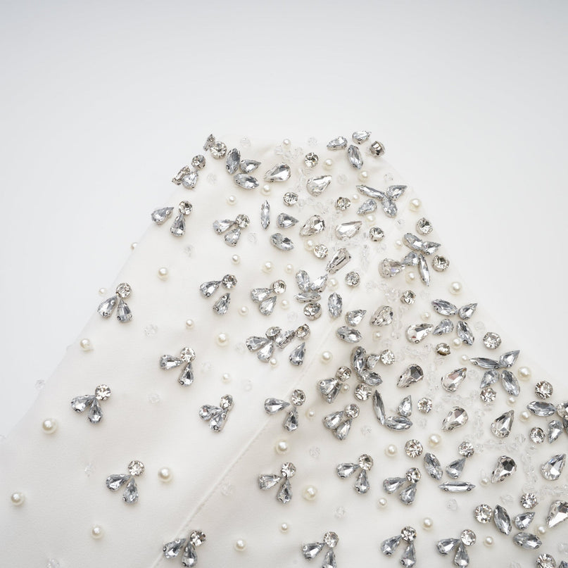 Paloma White Off-the-Shoulder Midi Dress Embellished with Pearls and Crystals
