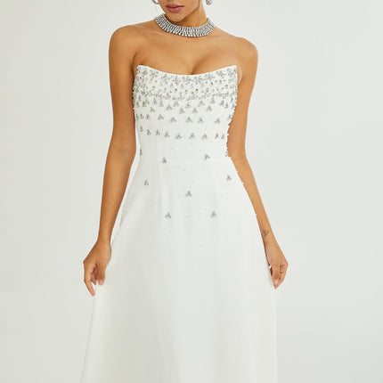 Paloma White Midi Dress with Off-the-Shoulder Design and Embellishments