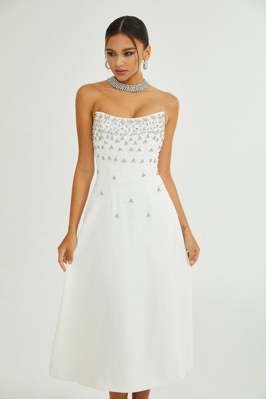 Paloma White Midi Dress with Off-the-Shoulder Design and Embellishments
