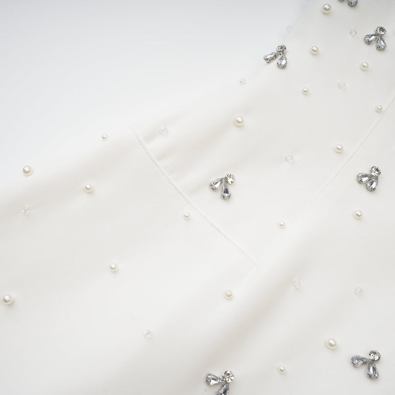 Paloma White Midi Dress with Off-the-Shoulder Design and Embellishments