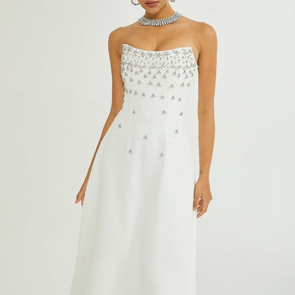 Paloma White Midi Dress with Embellishments and Rear Zip Fastening