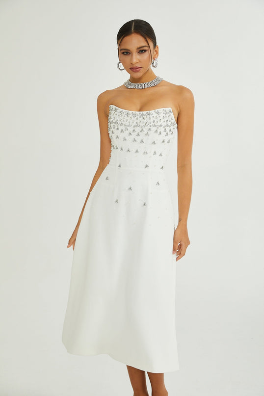 Paloma White Midi Dress with Embellishments and Rear Zip Fastening