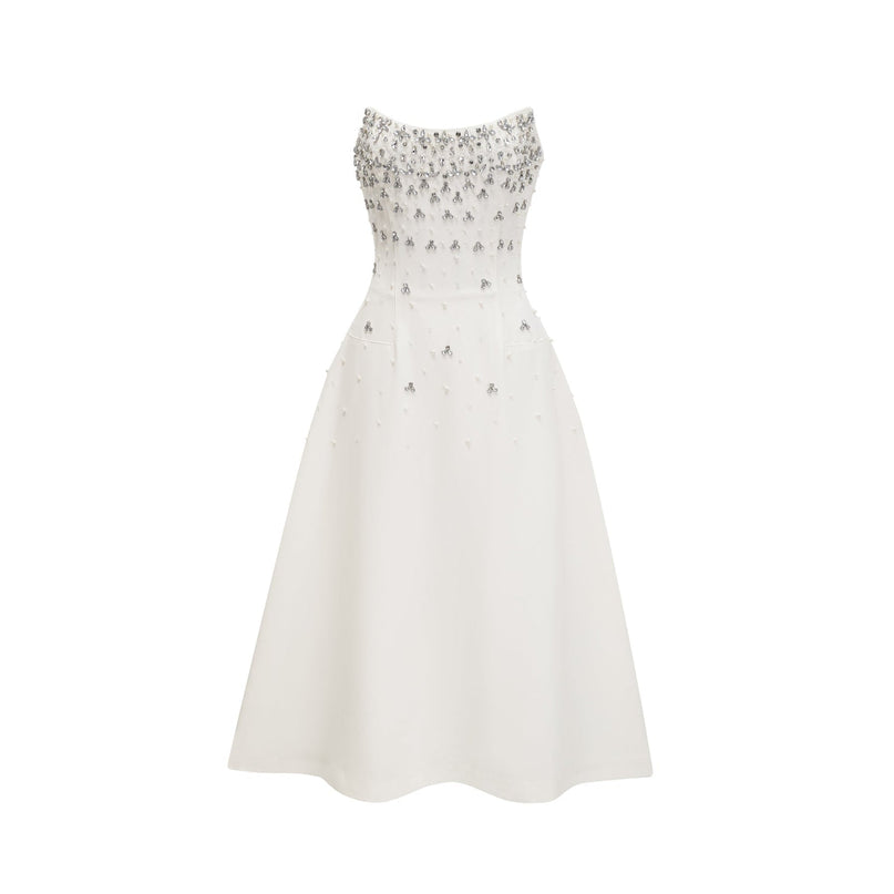 Paloma White Midi Dress with Off-the-Shoulder Design and Embellishments