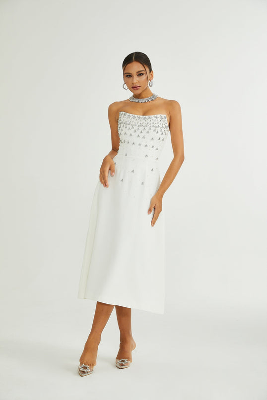 Paloma White Midi Dress with Off-the-Shoulder Design and Embellishments
